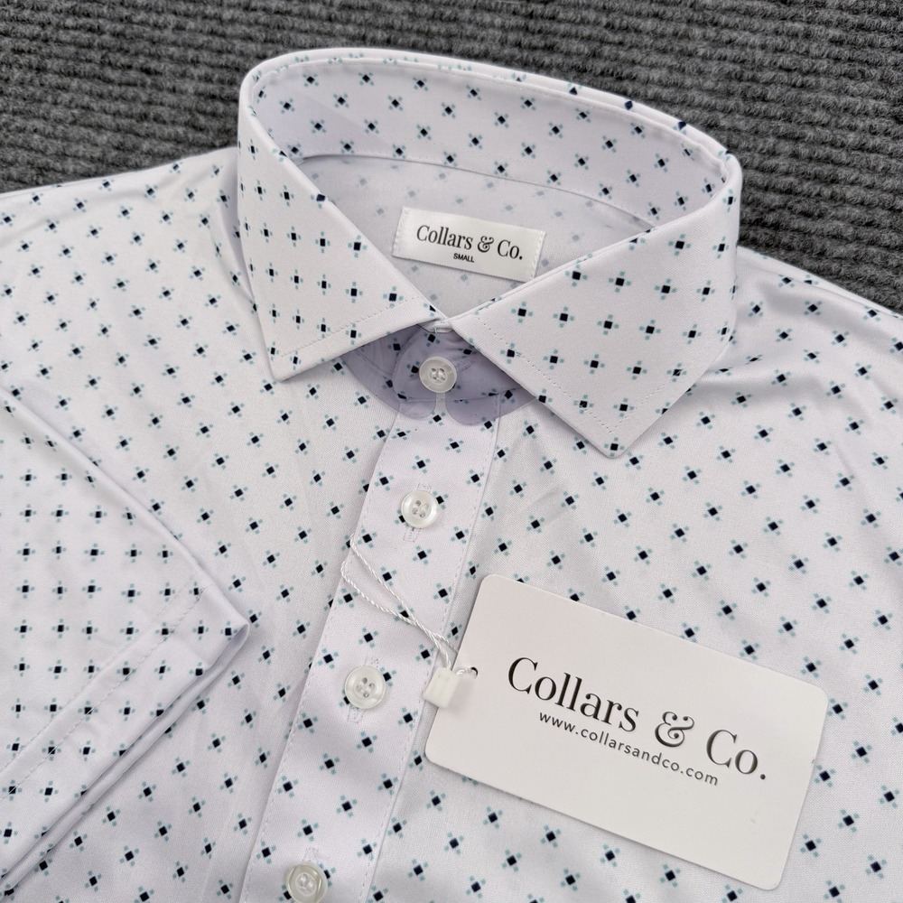 Collars and Co Collar Polo Shirt Mens Size Small White Blue Geometric NWT